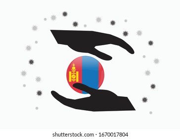 Mano que sostiene la bandera de Mongolia en el símbolo del ciclo, Proteja al pueblo mongol del coronavirus o el concepto COVID-19, Salve a Mongolia, símbolo de símbolo de señal fondo, ilustración vectorial. 