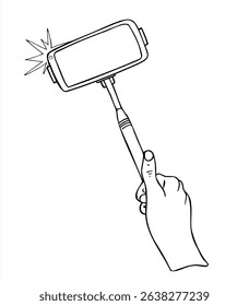 Hand holding monopod with smartphone and flash icon monochrome vector illustration painted by black inks. Etching drawing of blogging tool for photography tutorials, social media content, vlogging.