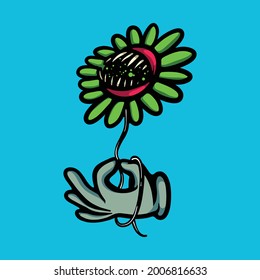 Hand holding monster plant vector drawing. Conceptual illustration isolated on blue background