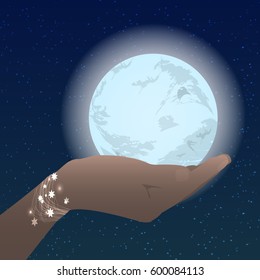 Hand holding the moon on the stars sky. Illustration on white easy to separate background for your design