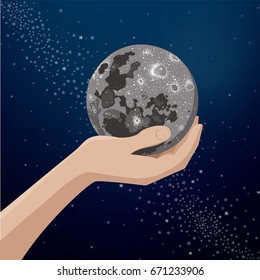 Hand holding moon over night sky with stars. Vector illustration