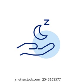 Hand holding moon and sleeping sounds. Sleep therapy, relaxation and insomnia treatments. Pixel perfect vector icon