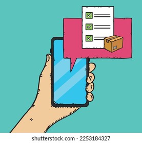 Hand holding mopbile phone and cloud from screen with cardboard box and clipboard with tick. Confirmed order delivery concept. Return parcel to courier. Shipment checklist.