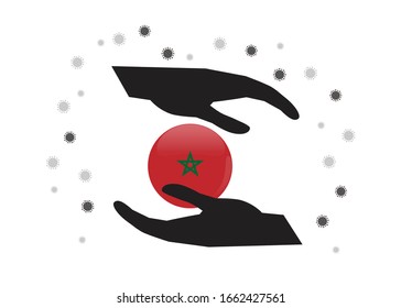 Mano sosteniendo la bandera de Marruecos en el símbolo del ciclo, Proteger al pueblo marroquí del coronavirus o el concepto COVID-19, Salvar Marruecos, símbolo de símbolo fondo, ilustración vectorial. 