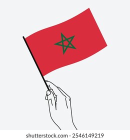 Hand holding Morocco flag in line art drawing style. Morocco hand Flag waving. Vector illustration