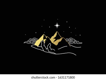 Hand holding the mountain in black and white and gold. For spiritual guidance, tarot readers and tattoos.