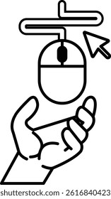 A hand holding a mouse with a arrow pointing to it