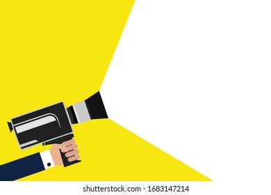 Hand holding a movie camera. Movie camera. Film projector. Cinema festival poster with movie camera. Vector illustration