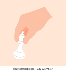 hand holding and moving chess piece. play chess. editable stroke. vector illustration.