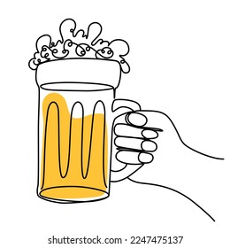 Hand holding a mug of beer. Craft drink alcohol ale in simple linear style for bar and pub concept for menu. Oktoberfest equipment. Continuous one line drawing of beer glass with foam. Vector 
