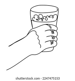 Hand holding a mug of beer. Craft drink alcohol ale in simple linear style for bar and pub concept for menu. Oktoberfest equipment. Continuous one line drawing of beer glass with foam. Vector 
