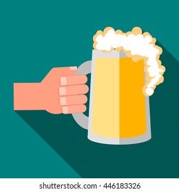 Hand holding mug of beer icon in flat style on a turquoise background