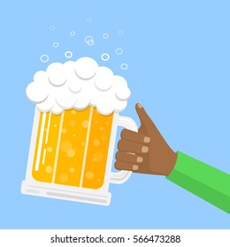 Hand holding mug of beer on blue background. Vector.