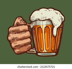 Hand holding a mug of beer. Vintage St.Patrick's day isolated vector illustration.