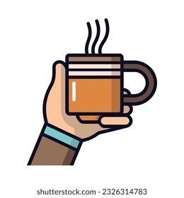 Hand holding mug of frothy cappuccino drink icon isolated