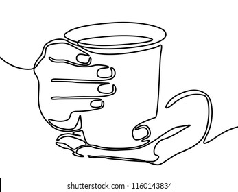 Hand holding mug with tea or coffee. One line drawing.