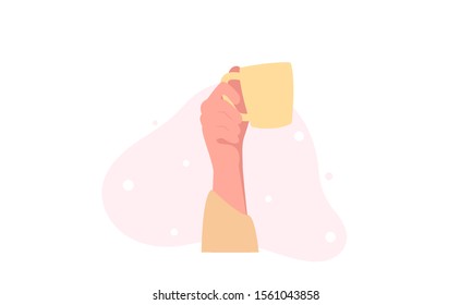 Hand holding mug vector illustration. Flat image of hand holding yellow coffee cup isolated on pink bubble background. Hot drinks, caffeine concepts.