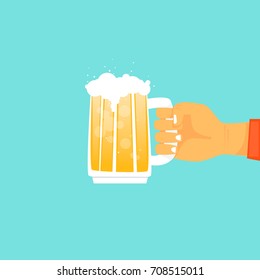 Hand holding mugs with beer. Flat design vector illustration.