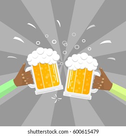 Hand holding mugs of beer on a grey retro background. Vector illustration.