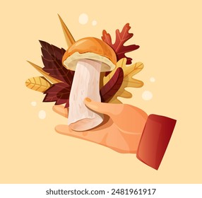 Hand holding mushroom with autumn leaves on light beige background. Illustration for fall harvest concept.
