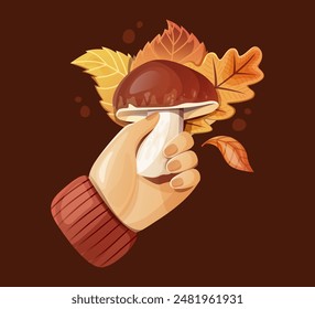 Hand holding mushroom with autumn leaves on dark brown background. Illustration for fall harvest concept.