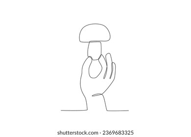 A hand holding mushrooms for diet. World vegan day one-line drawing