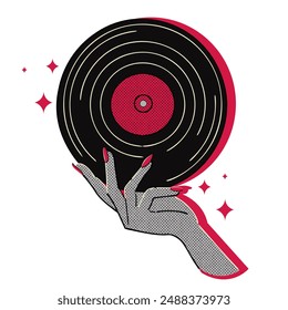Hand holding music record plate halftone doodle sketch