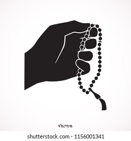 Hand holding a Muslim rosary, flat style illustration.