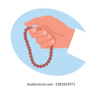 Mano sosteniendo madera musulmana Sagrado rosario o mala budista, rezando a la gente. Símbolo islámico de religión. Cartel religioso. Cuentas de oraciones. Elemento de meditación. Concepto de vector aislado plano de dibujos animados