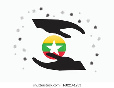 Hand holding Myanmar flag in cycle symbol, Protect Burmese people from coronavirus or COVID-19 concept, Save Myanmar, sign symbol background, vector illustration.