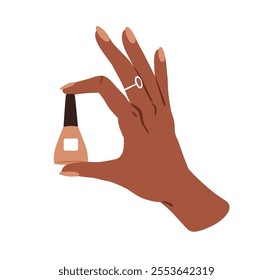 Hand holding nail polish bottle. Female finger with elegant neat manicure. Presenting, showing decorative varnish, paint, beauty product. Flat vector illustration isolated on white background