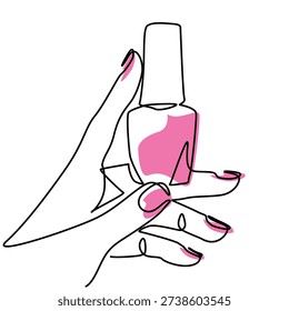 Hand Holding Nail Polish one line drawing. Hand Holding Nail Polish single line illustration. Hand Holding Nail Polish minimalist line art. Hand Holding Nail Polish vector art