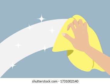 Hand holding napkin cloth cleaning window or wall. Vector Illustration. Idea for cleaning house to protect from covid-19 coronavirus, bacteria and diseases.