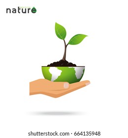 Hand holding nature concept flat design.Green eco earth and seedling with ecological and growth concept flat design.Vector illustration.