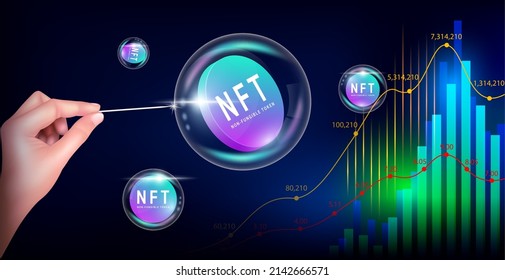 Hand holding needle trying to burst NFT coin in soap bubble. NFT non fungible tokens. Artwork, games. Block chain in digital crypto art. On futuristic technology stock chart background. Vector.