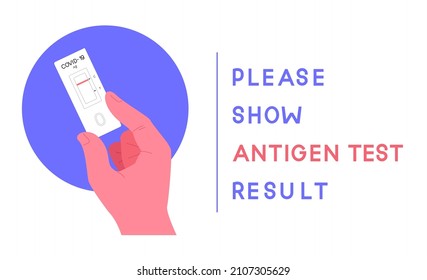 Hand, die ein negatives Ergebnis des Rapid Antigen Test Kits mit der Meldung "Bitte zeigen Sie das Antigentestergebnis" aufweist. Banner für Shop während COVID-19 Pandemie. Melden Sie sich vor der Eingabe an. Flache Vektorgrafik.