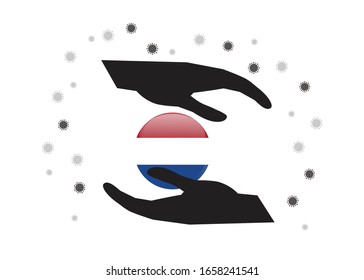Hand holding Netherlands flag in cycle symbol, Protect dutch people from coronavirus  or COVID-19 concept, Save netherlands, sign symbol background, vector illustration. 