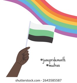 A hand holding neutrois pride flag. LGBT pride month square banner. Vector illustration for an annual celebration of gender diversity