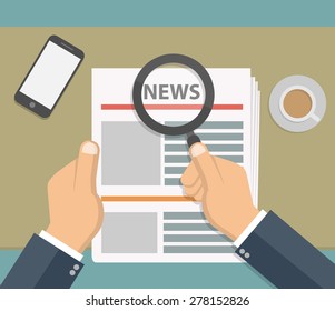 Hand holding newspaper and magnifying glass - Flat style