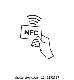 Tarjeta habilitada para NFC de mano, ilustración vectorial de línea negra aislada en fondo blanco. Icono de transacción de transferencia de dinero NFC o diseño de símbolo en línea simple.