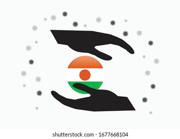 Hand, die die Niger-Fahne im Radsymbol hält, Schutz der nigerianischen Bevölkerung vor Coronavirus oder COVID-19 Konzept, Save Niger, Zeichen-Symbolhintergrund, Vektorillustration-Illustration. 