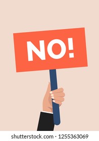 Hand Holding NO Sign. Protest Vector Banner. Flat Error Man And Board Say NO Marketing.