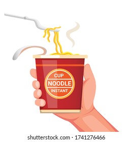 Hand holding noodle instant cup with plastic fork ready to eat. concept cartoon realistic illustration vector isolated in white background