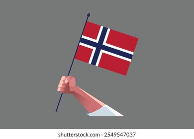 Uma mão segurando uma bandeira da Noruega, Bandeira da Noruega símbolo nacional ilustração Vetor, Retângulo Noruega bandeira ilustração, Vetor plano ilustração
