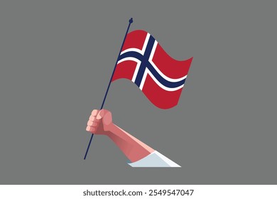 Uma mão segurando uma bandeira da Noruega, Bandeira da Noruega símbolo nacional ilustração Vetor, Retângulo Noruega bandeira ilustração, Vetor plano ilustração
