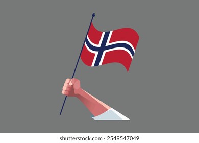 Uma mão segurando uma bandeira da Noruega, Bandeira da Noruega símbolo nacional ilustração Vetor, Retângulo Noruega bandeira ilustração, Vetor plano ilustração
