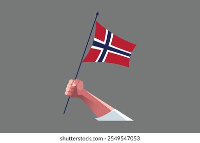 Uma mão segurando uma bandeira da Noruega, Bandeira da Noruega símbolo nacional ilustração Vetor, Retângulo Noruega bandeira ilustração, Vetor plano ilustração
