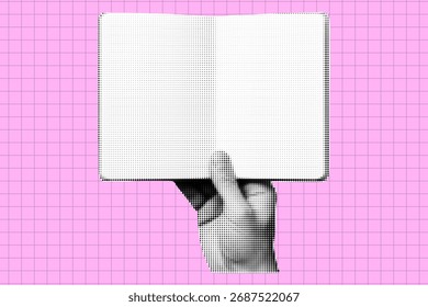 Hand holding notebook halftone collage design