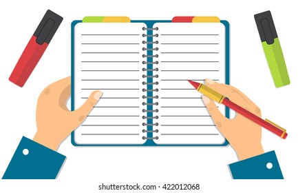 Hand holding notebook and pencil. Concept of organize. Flat design vector illustration.