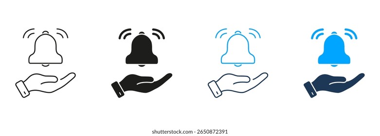 Hand Holding Notification Bell Line And Solid Icon Set. Alert Management, Reminder, And Notification Control Silhouette Symbol Collection. User Engagement And Attention. Isolated Vector Illustration.